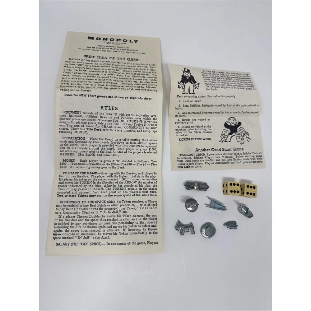 Vintage 1961 Monopoly Board Game Instructions Cream Dice 7 Pewter Game Pieces